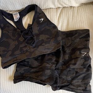 Gymshark Black Camo Sports Bra and Shorts